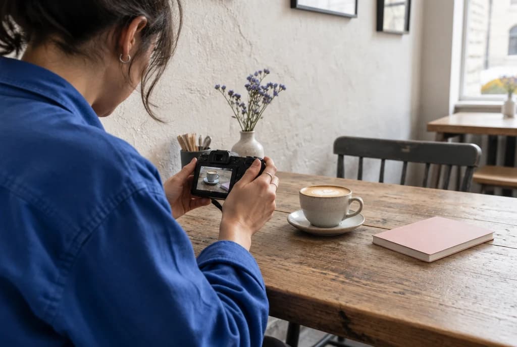 AI-created editorial scene of a creator filming coffee in a Bristol-style café